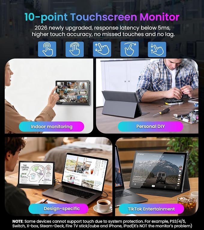 10.1 Portable Touchscreen Monitor - 1920×1200 FHD IPS 16:10,100% sRGB 1500:1,10-Point Touch Diaplay with Speaker HDMI USB-C VESA Magnetic Case for Travel Mac PC Xbox PS4/5 Loptop Phone(black dark)