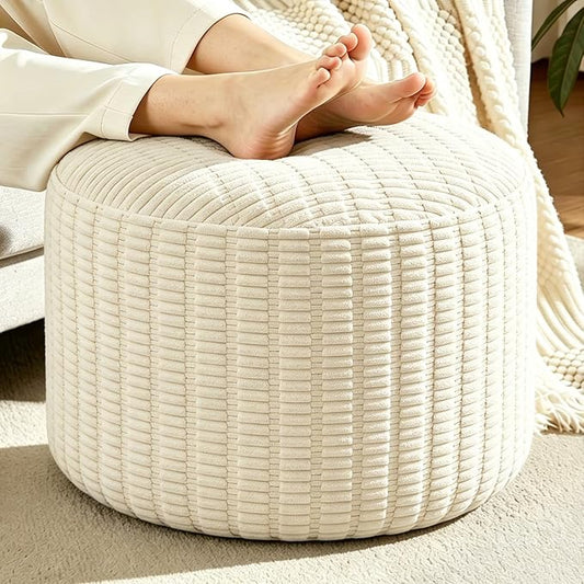 Round Corduroy Ottoman Foot Rest Pouf for Living Room Couch - Soft Plush Shredded Foam Filled Hassock Stool, Comfy Footstool for Adults (Cream - Chunky Corduroy, 20 INCH×15 INCH)