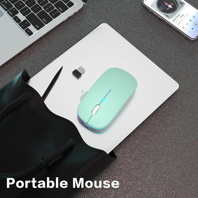 AIKOKOK Wireless Bluetooth Mouse, Rechargeable, Dual Mode Bluetooth 5.2 & 2.4G USB, LED Lights, Slim, Silent, Portable Computer Mouse for Laptop, PC, MacBook, iPad, Tablet (Green)