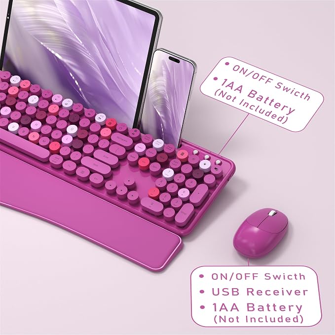 MPTOG Colorful Wireless Computer Keyboard and Mouse Combo with Phone Holder, Wrist Rest, Typewriter Keys, 2.4GHz Wireless, Full-Sized Optical Mouse for PC and Laptop (Rose-Red)