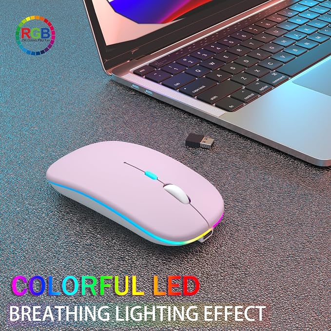 AIKOKOK Wireless Bluetooth Mouse, Rechargeable, Dual Mode Bluetooth 5.2 & 2.4G USB, LED Lights, Slim, Silent, Portable Computer Mouse for Laptop, PC, MacBook, iPad, Tablet (Pink)