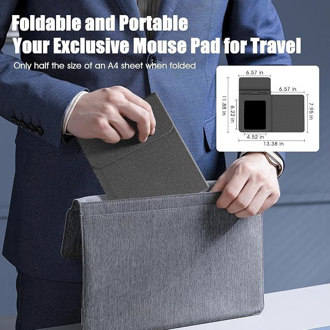 Foldable Wireless Charging Mouse Pad with Writing Tablet,15W Qi Magnetic Fast Charging Travel Mouse Pad,Multi-Functional PU Leather Mat Charging Pad for iPhone Samsung iWatch,Office Home Accessories