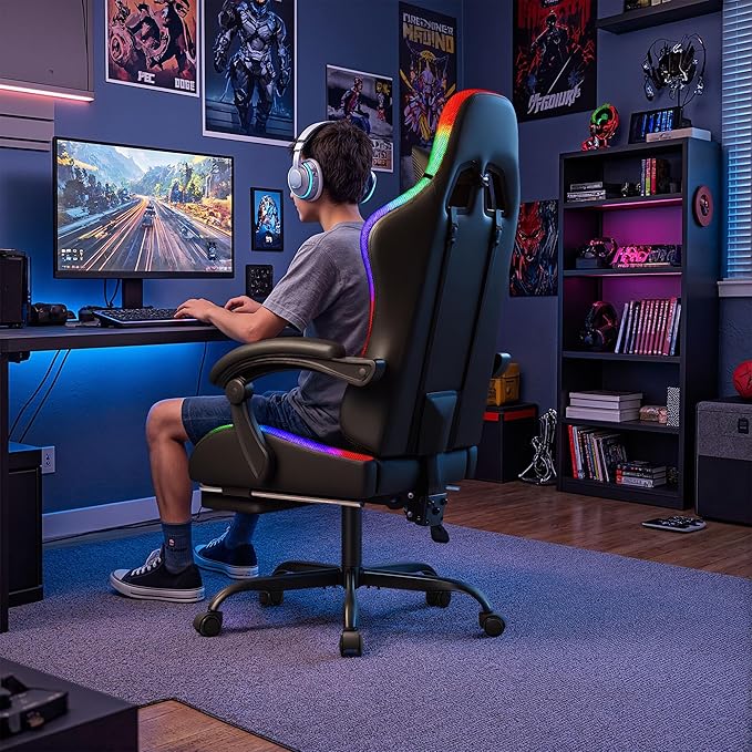 Homall Gaming Chair, Video Game Chair with Footrest and Massage Lumbar Support, Ergonomic Computer Chair Height Adjustable with Swivel Seat and Headrest (RGB Dark Black)