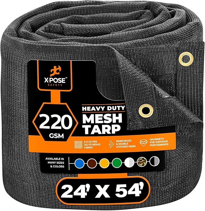 Xpose Safety Heavy Duty Mesh Tarp 24' x 54' – Multipurpose Black Protective Cover with Air Flow - Use for Tie Downs, Shade, Fences, Canopies, Dump Trucks – Weather and Tear Resistant