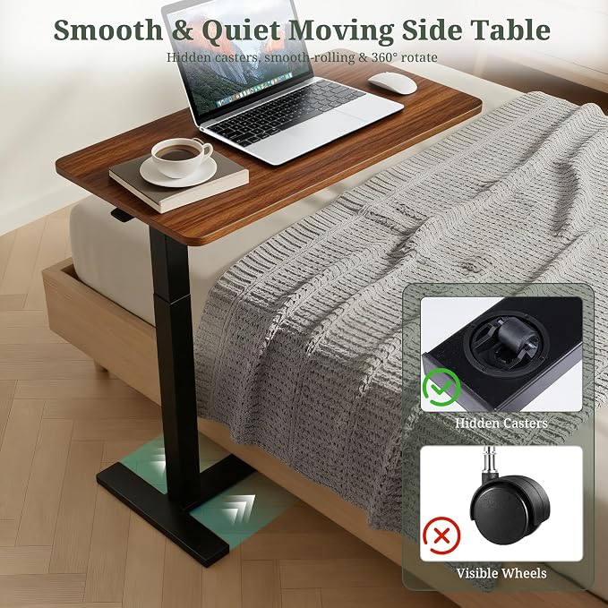 Mobile Standing Desk, Adjustable Height Desk with Hidden Casters, Portable Laptop Computer Table with Rolling Wheels, for Sit Stand Workstation, Compact and Sturdy for Home, Office, Dorm, Brown