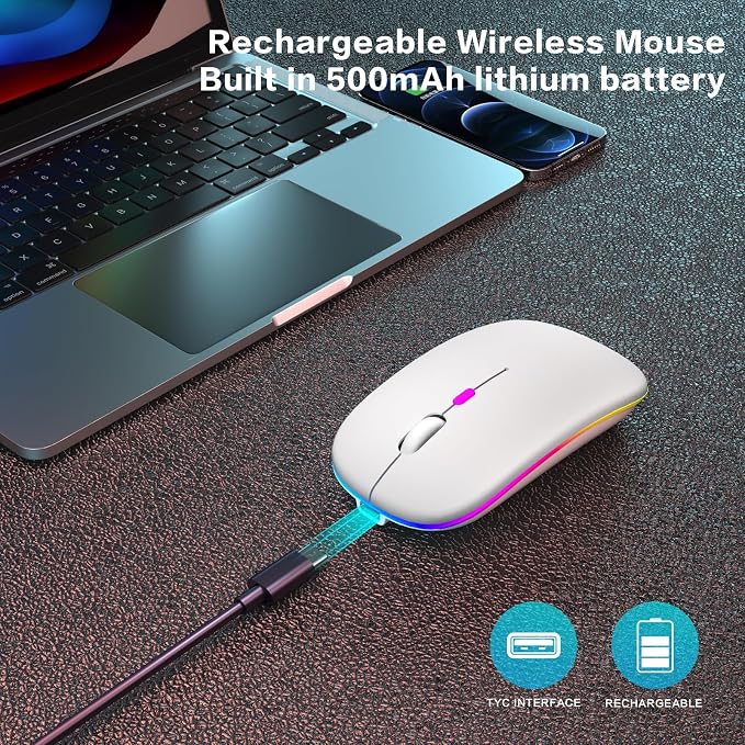 AIKOKOK Wireless Bluetooth Mouse, Rechargeable, Dual Mode Bluetooth 5.2 & 2.4G USB, LED Lights, Slim, Silent, Portable Computer Mouse for Laptop, PC, MacBook, iPad, Tablet (White)