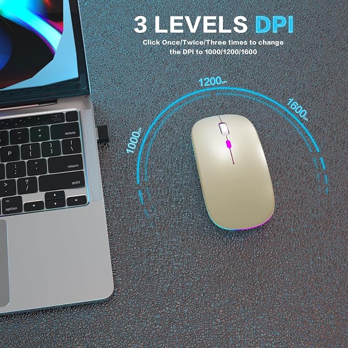 AIKOKOK Wireless Bluetooth Mouse, Rechargeable, Dual Mode Bluetooth 5.2 & 2.4G USB, LED Lights, Slim, Silent, Portable Computer Mouse for Laptop, PC, MacBook, iPad, Tablet (Gold)