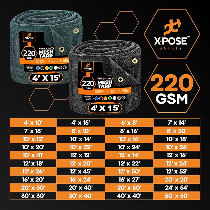 Xpose Safety Heavy Duty Mesh Tarp - 4' x 10' – Multipurpose Black Protective Cover with Air Flow - Use for Tie Downs, Shade, Fences, Canopies, Dump Trucks – Weather and Tear Resistant