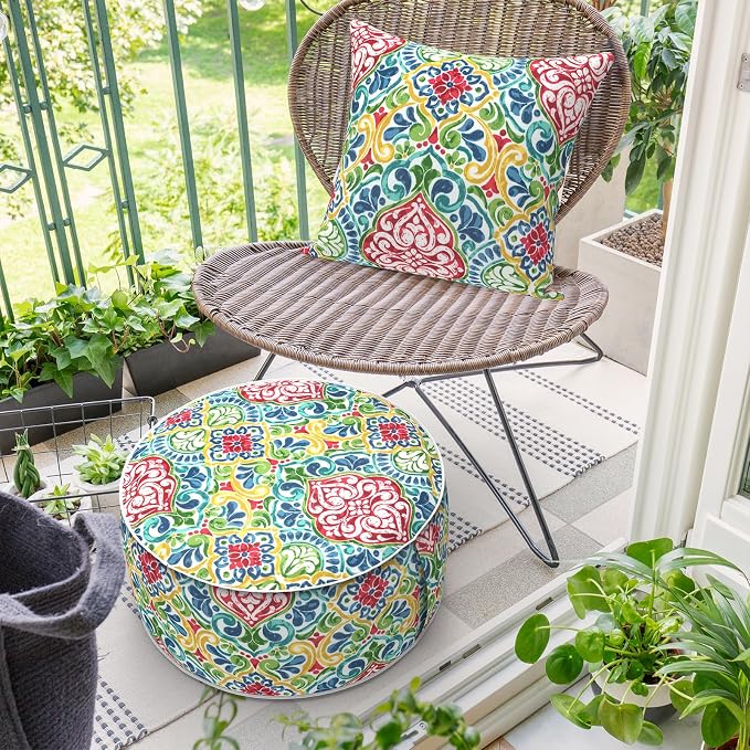 DYTXIII Inflatable Ottoman Stool D21 xH9 for Outdoor/Indoor Use, Water Repellent Patio Foot Rest Stool with Portable Handle,Round Pouf Ottoman Suitable for Garden,Deck and Camping - Damask Red