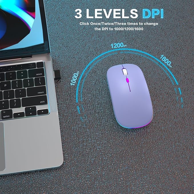 AIKOKOK Wireless Bluetooth Mouse, Rechargeable, Dual Mode Bluetooth 5.2 & 2.4G USB, LED Lights, Slim, Silent, Portable Computer Mouse for Laptop, PC, MacBook, iPad, Tablet (Purple)