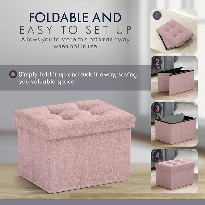Ornavo Home Small Storage Ottoman, Set of 2, Foldable Collapsible Rectangle Linen Ottoman Foot Rest Stool Seat, for Living Room, Bedroom, Home Office, Dorm - 12 x 16 x 12, Pink