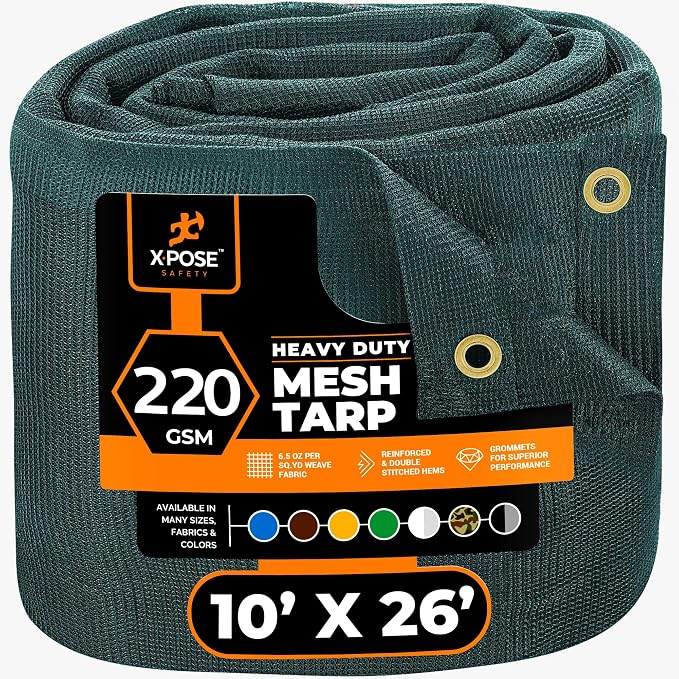 Xpose Safety Heavy Duty Green Mesh Tarp 10' x 26' – 70% Sunblock Shade Cloth with Grommets for Garden, Fence, Privacy Screen, Canopies, Dump Trucks, Pool Cover – Tear & Weather Resistant