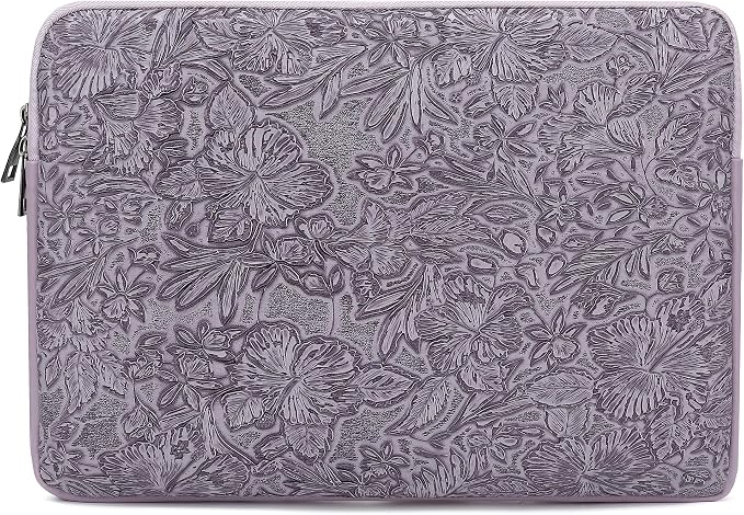 Embossing Floral Pattern PU Leather Laptop Sleeve Case with Pocket for MacBook Air 15 inch and 15 inch-15.6 inch HP, Lenovo, Dell, ASUS, Acer Notebook Computer (Purple PU)
