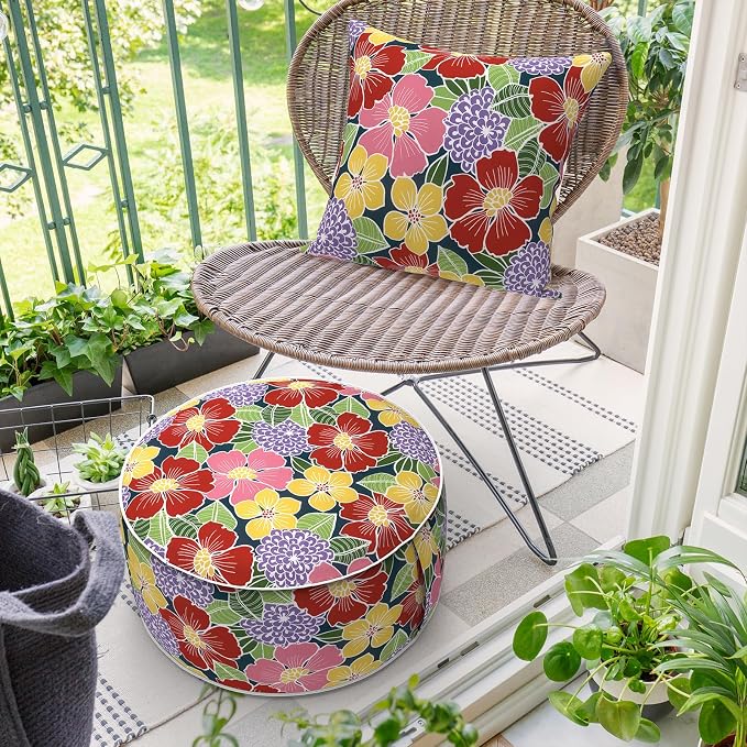 DYTXIII Inflatable Ottoman Stool D21 xH9 for Outdoor/Indoor Use, Water Repellent Patio Foot Rest with Portable Handle,Round Pouf Ottoman Suitable for Garden,Deck and Camping-Flower Bloom