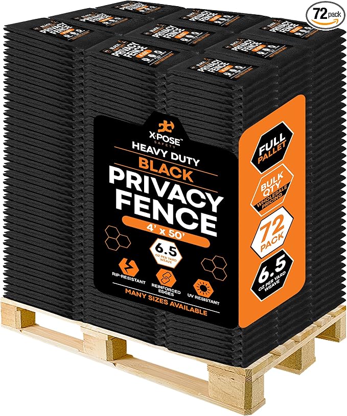 Xpose Safety Privacy Fence Screen 4’ x 50’ (72 Pack) – Bulk Full Pallet – Heavy Duty Black Mesh with 90% Visibility Block, UV Protection – Includes Cable Ties for Garden, Yard, Nursery, Kennel,Dog Run
