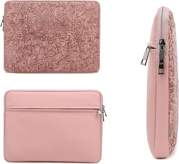 Embossing Floral Pattern PU Leather Laptop Sleeve Case with Pocket for MacBook Air 15 inch and 15 inch-15.6 inch HP, Lenovo, Dell, ASUS, Acer Notebook Computer (Pink Brown)