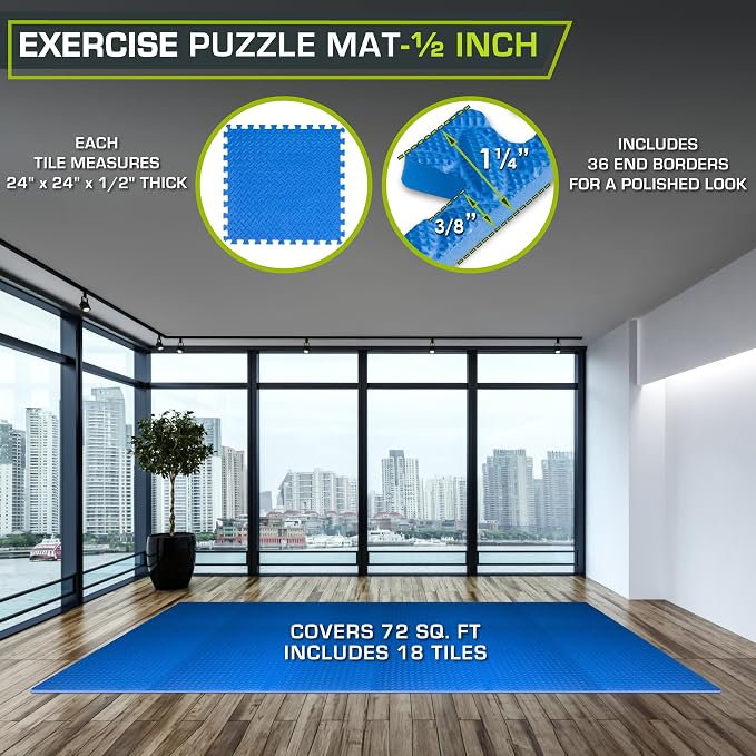 ProsourceFit Exercise Puzzle Mat ½-inch, EVA Interlocking Foam Floor Tiles for Home Gym, Workout Equipment, Kids Play Areas, Blue, 72 SQ FT - 18 Tiles