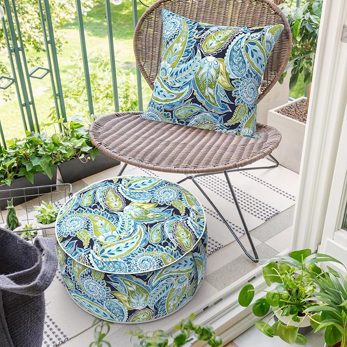 DYTXIII Inflatable Ottoman Stool D21 xH9 for Outdoor/Indoor Use, Water Repellent Patio Foot Rest with Portable Handle,Round Pouf Ottoman Suitable for Garden,Deck and Camping - Paisley Lapis Green