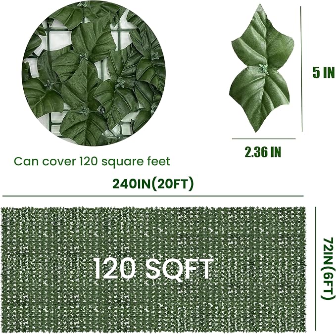 Artificial Ivy Privacy Fence Screen: 72"x 240" (120 Sqft) Anti-Ultraviolet Artificial Hedge Grass Wall, Used for Indoor and Outdoor Green Background, Garden Greening Decoration