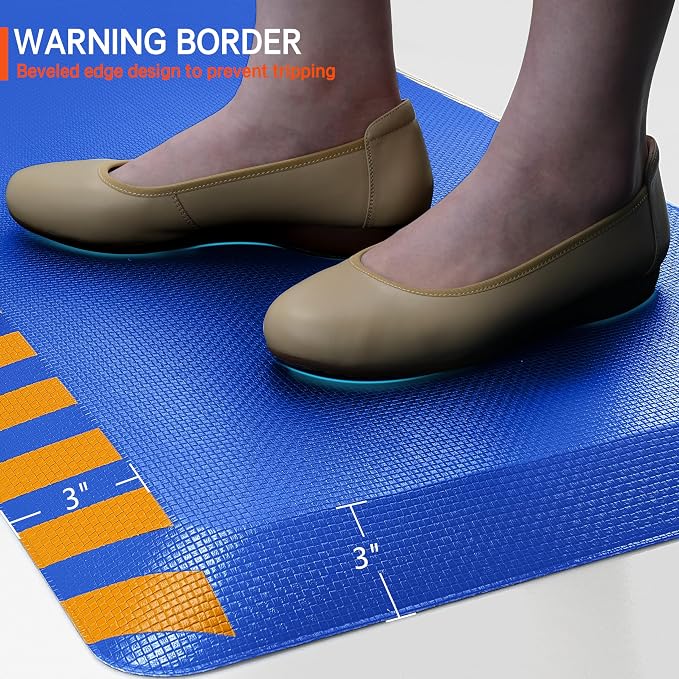 FEATOL Anti Fatigue Mat Industrial, Ergonomic Standing Floor Mat for Work for Stand -Safety Support for Leg & Back Pain(Blue with Yellow Border, 20" x 59", 2PC)