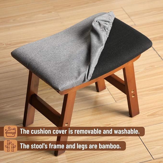 BAMBOO LAND- Bamboo Foot Stools Ottoman, Gray Cushion & Brown Wood Legs, Small Ottoman Foot Rest for Couch