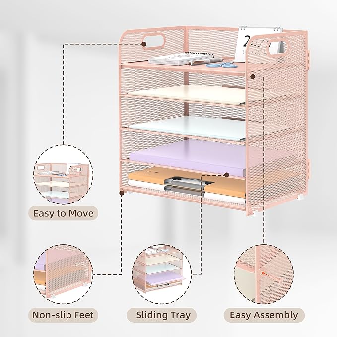 Supeasy 5 Trays Paper Organizer Letter Tray with Handle-Mesh Desk File Holders, Paper Sorter Desk Organizer for Office, Home, Classroom or School, Pink