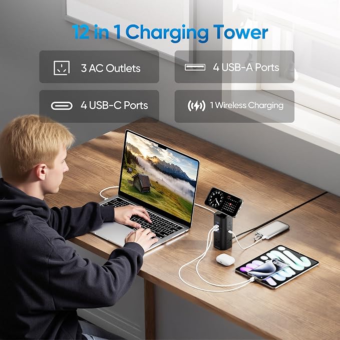 TenTrend Power Strip Tower Surge Protector, 115W Fast Charging Station with 3AC Outlets & 8 USB Ports (4 USB-C), 5FT Extension Cord Flat Plug for Home, Office, Dorm Room