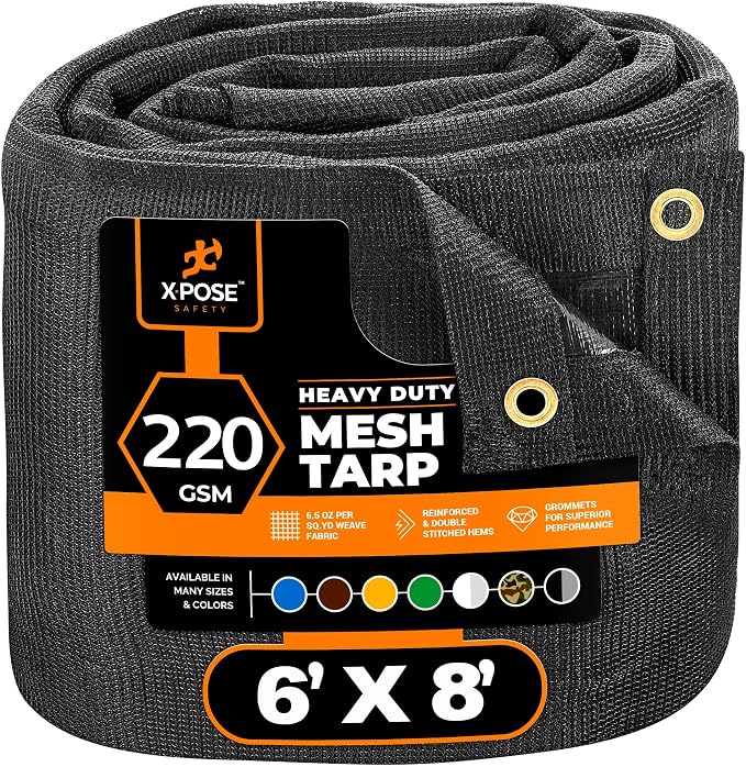 Xpose Safety Heavy Duty Mesh Tarp 6' x 8' – Multipurpose Black Protective Cover with Air Flow - Use for Tie Downs, Shade, Fences, Canopies, Dump Trucks – Weather and Tear Resistant