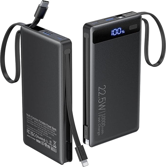Power Bank with 2 Built-in Cables 10000mAh, 22.5W PD Slim Portable Charger USB C Battery Pack, Travel Essentials Fast Charging Powerbank Compatible with iPhone 17 16 15 Plus Pro Samsung iPad (1 Pack)