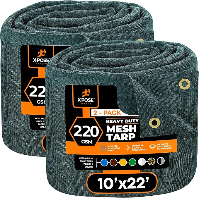 Xpose Safety Heavy Duty Green Mesh Tarp 10' x 22' (2-Pack) – 70% Sunblock Shade Cloth with Grommets for Garden, Fence, Privacy Screen, Canopies, Dump Trucks, Pool Cover – Tear & Weather Resistant