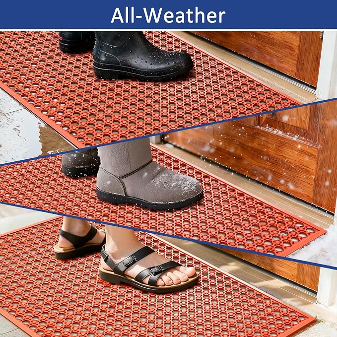 Outdoor Rubber Mat Kitchen Anti-Fatigue Entrance Floor Mats (24"x 36") Commercial Restaurant Bar Floor Mat New Outside Rubber Non Slip Drainage Mat Red
