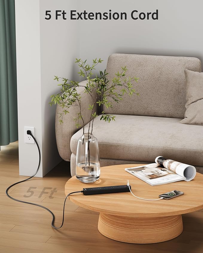 DEPOW Black Surge Protector Power Strip, Ultra Thin 5 Ft Flat Plug Extension Cord, 1700 Joules, 5 Widely Spaced Outlets with 4 USB Ports (2USB-C), 1625W/13A, Wall Mount for Home Office, Black
