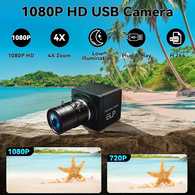 MMlove 1080P FHD USB Camera, 4X Optical Zoom Webcam with 2.8-12mm Manual Focus Lens, H.264 30fps Low Light Camera, Plug and Play for Windows/Mac/Linux/Android, Ideal for Video Conferencing,Streaming
