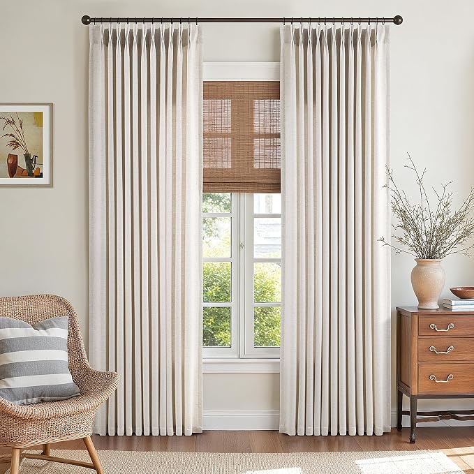 ANRODUO Memory Trained Pinch Pleated Curtains 96 Inches Long, Viral Linen Pinch Pleat Sheer Curtains with Ring Hooks&Clips for Track System, Beige Light Filtering Privacy Curtain 2 Panel Set W70xL96