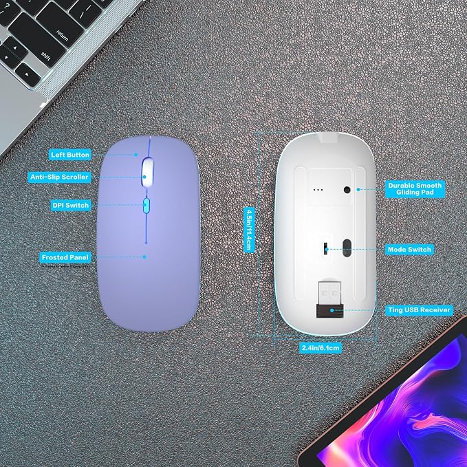 AIKOKOK Wireless Bluetooth Mouse, Rechargeable, Dual Mode Bluetooth 5.2 & 2.4G USB, LED Lights, Slim, Silent, Portable Computer Mouse for Laptop, PC, MacBook, iPad, Tablet (Purple)