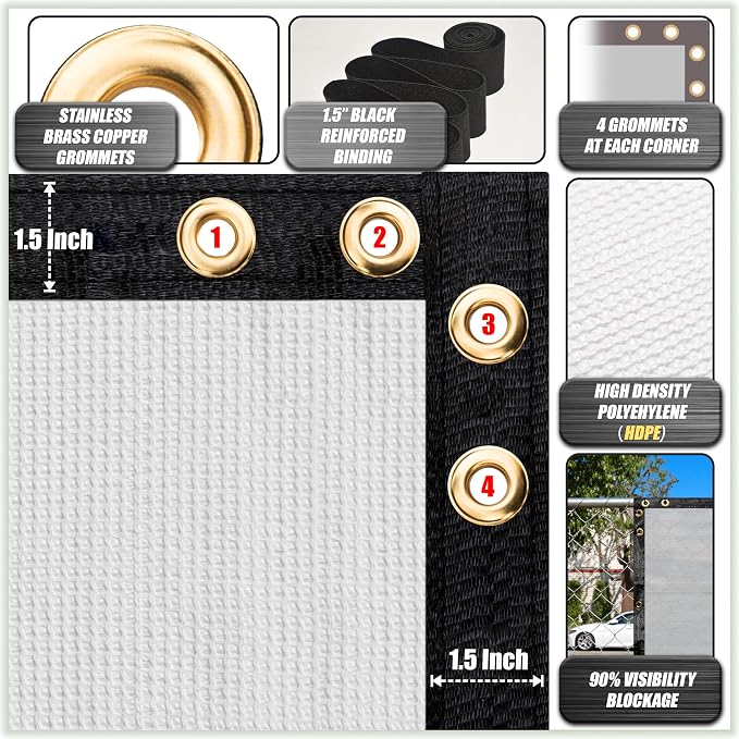 ColourTree Customized Size Fence Screen Privacy Screen White 5' x 79' - Commercial Grade 170 GSM - Heavy Duty - 3 Years Warranty - Cable Zip Ties Included
