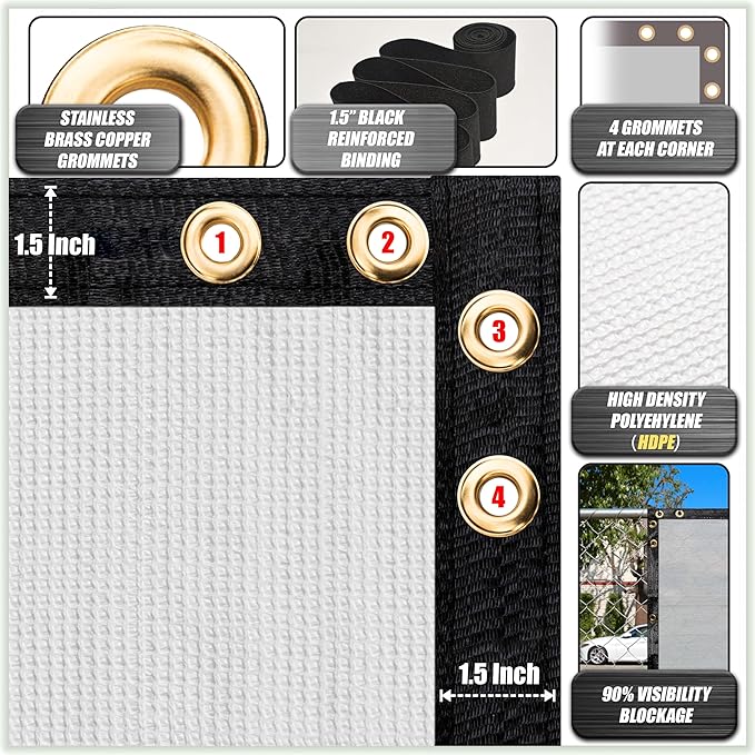 ColourTree Customized Size Fence Screen Privacy Screen White 5' x 153' - Commercial Grade 170 GSM - Heavy Duty - 3 Years Warranty - Cable Zip Ties Included