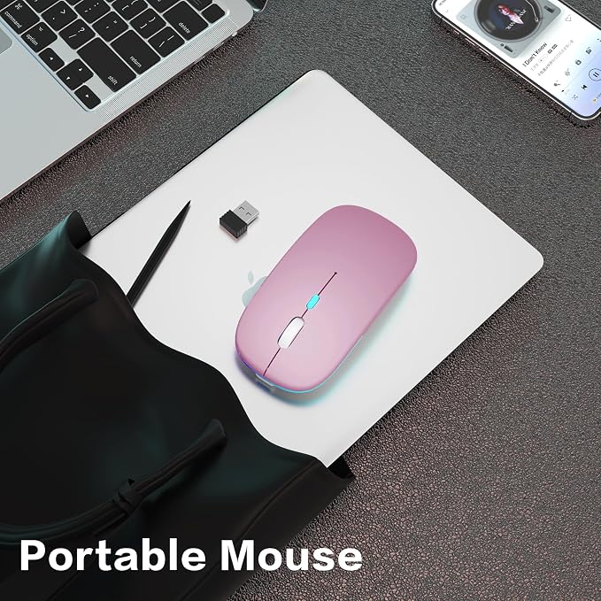 AIKOKOK Wireless Bluetooth Mouse, Rechargeable, Dual Mode Bluetooth 5.2 & 2.4G USB, LED Lights, Slim, Silent, Portable Computer Mouse for Laptop, PC, MacBook, iPad, Tablet (Rose Gold)