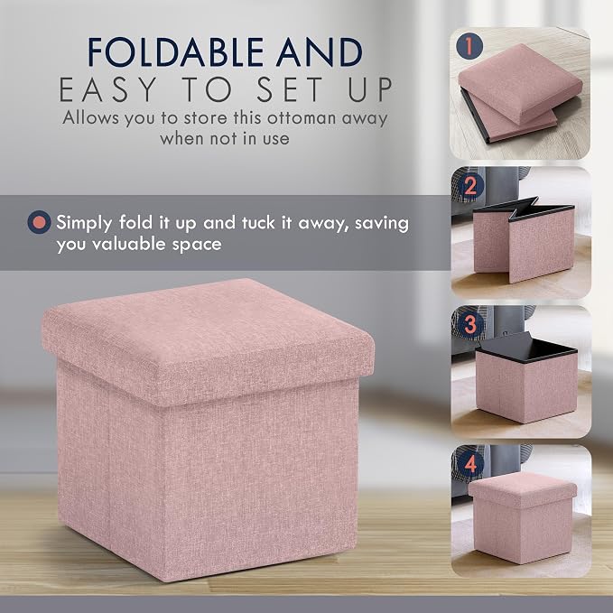 Ornavo Home Small Storage Ottoman, Set of 2 Foldable Collapsible Cube Square Linen Ottoman Foot Rest Stool Seat, for Living Room, Bedroom, Home Office, Dorm - 12 x 12 x 12, Pink