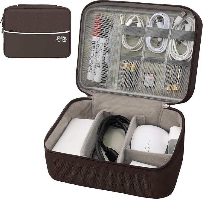 Electronics Organizer,Travel Cord Organizer Pouch, Portable Cable Organizer Bags, Waterproof Electronic Accessories Storage Case for Cables, Cords, Charger, Phone (Double Layer-Brown)
