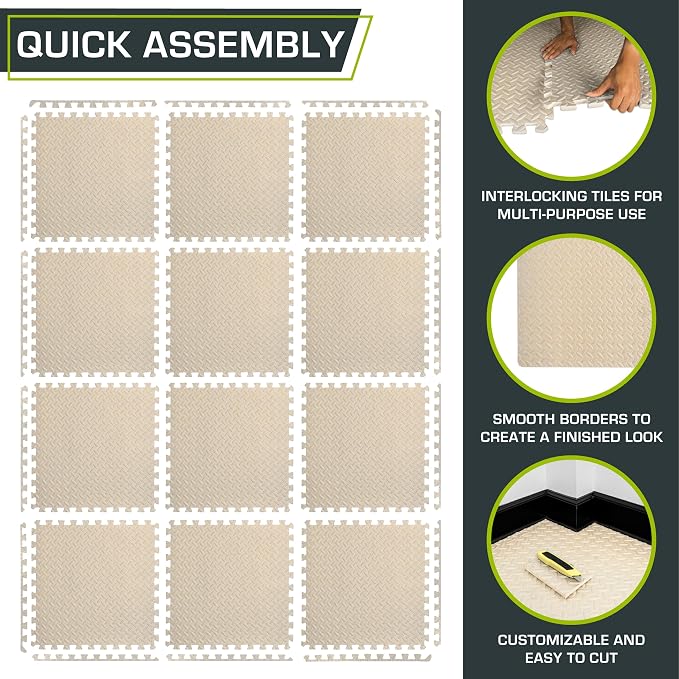 ProsourceFit Exercise Puzzle Mat ½-inch, EVA Interlocking Foam Floor Tiles for Home Gym, Workout Equipment, Kids Play Areas, Beige, 48 Sq Ft - 12 Tiles