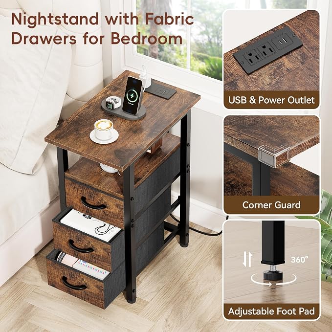 Vagusicc Set of 2 Nightstand with Charging Station and LED Lights, Narrow End Table, LED Nightstand with 3 Fabric Drawers for Bedroom, Narrow Side Table, Slim Sofa Side Table for Small Spaces, Brown