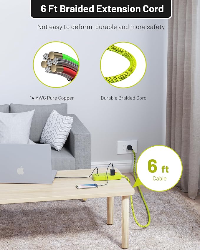 USB Surge Bar 4 Power Strip - 4 Outlets 4 USB Ports(1 USB C), Multi Plug Outlet Extender with 6Ft Braided Extension Cord, 1800 J, Wall Mount, Flat Plug, Desk Charging Station for Office Home