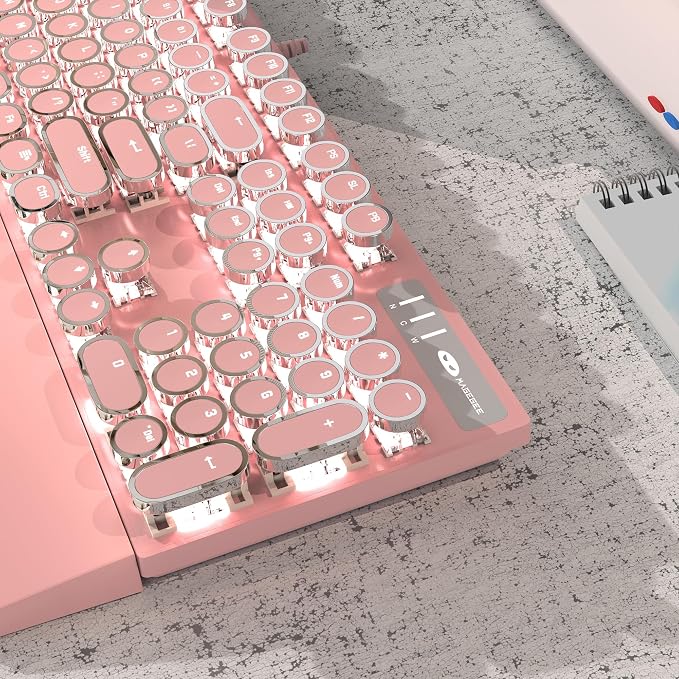 Typewriter Mechanical Gaming Keyboard and Mouse Combo, Retro Punk Round Keycaps RGB Rainbow Backlit Wired Keyboard for Game and Office, for Windows Laptop PC, Red Switches(Pink)