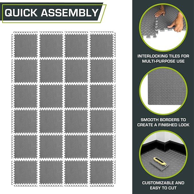ProsourceFit Exercise Puzzle Mat ½-inch, EVA Interlocking Foam Floor Tiles for Home Gym, Workout Equipment, Kids Play Areas, Grey, 96 SQ FT - 24 Tiles