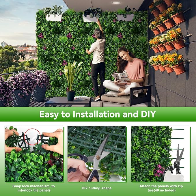 Artificial Grass Wall Panels, 20"x20" 6pcs Greenery Backdrop with Mint Plant Leaves, UV-Anti Fake Greenery Plant Boxwood Panels for Privacy Fence Screen, Outdoor Green Wall Decor for Patio Garden