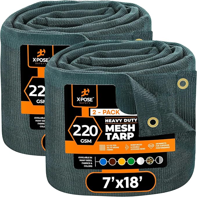 Xpose Safety Heavy Duty Green Mesh Tarp 7' x 18' (2-Pack) – 70% Sunblock Shade Cloth with Grommets for Garden, Fence, Privacy Screen, Canopies, Dump Trucks, Pool Cover – Tear & Weather Resistant