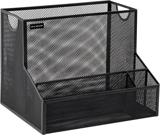 Mind Reader Desktop Organizer with Hanging File Storage, 4 Compartment Letter Size File Holder, Metal Mesh Desk Organizer for Office and Home, Black
