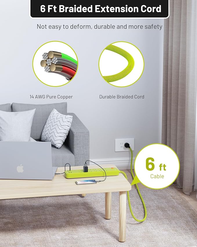USB Surge Bar 12 Power Strip - 12 Outlets 4 USB Ports(1 USB C), Multi Plug Outlet Extender with 6Ft Braided Extension Cord, 3600 J, Wall Mount, Flat Plug, Desk Charging Station for Office Home