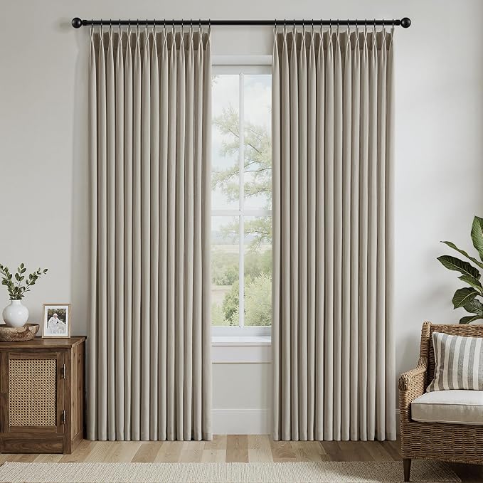 Memory Trained Pinch Pleated Curtains 90 Inches Long, Viral Linen Pinch Pleat Sheer Curtains with Ring Hooks&Clips for Track System Living Room, Oatmeal Light Filtering Privacy Curtain 2 Panel Set